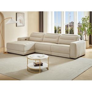 Vente-unique Elektrische relaxbank met linkse hoek in beige stof BROTENI L 300 cm x H 84 cm x D 172 cm