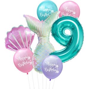 Cijfer ballon 9 Turquoise - Zeemeermin - Mermaid - Meermin - Ballonnen Pakket - Kinderfeestje - Helium Ballonnen - Snoes