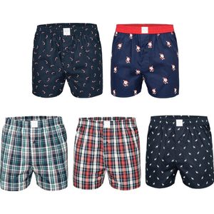 MG-1 Wijde Boxershorts Kerst Print Heren 5-pack Multipack Blauw - Maat M - Losse boxershort heren