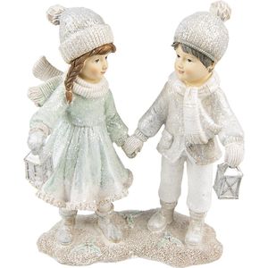 Clayre & Eef Beeld Kinderen 19 cm Wit Zilverkleurig Polyresin