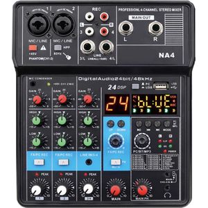 Velox Mengpaneel 4-Kanaals - Met Bluetooth & USB - Geluidskaart Functie - Mini Studio Mixer - Geluidsmixer - Audio - DJ - Podcast - Zwart