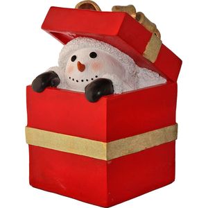 Viv! Christmas Kerstbeeld - Sneeuwpop Gluurt uit Geschenkverpakking - geschikt voor buiten - rood wit - 51cm