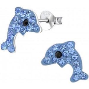 Oorbellen meisje | Zilveren kinderoorbellen | Zilveren oorstekers, blauwe dolfijnen met kristallen