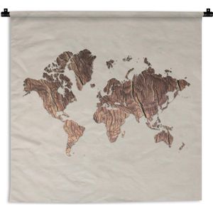 Wandkleed - Wanddoek - Wereldkaart - Hout - Beige - 180x180 cm - Wandtapijt
