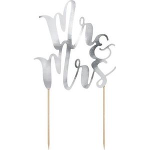 Bruidstaart decoratie topper Mr & Mrs zilver 25 cm - Huwelijk/Trouwerij versiering - Moderne bruidstaart figuurtjes alternatief