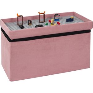 Multifunctionele Opbergpoef met Lego Deksel - 52x27x30 cm - Speelgoedkist en Bouwtafel in Één - Roze