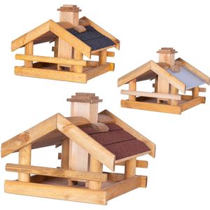 Vogelhuisje van hout · 3 varianten · rood dak · vogelvoederhuis · vogelhuisje om op te hangen en neer te zetten · overdekte voederplaats · voederhuisje
