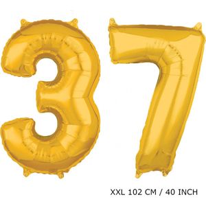 Mega grote XXL gouden folie ballon cijfer 37 jaar.  leeftijd verjaardag 37 jaar. 102 cm 40 inch. Met rietje om ballonnen mee op te blazen.