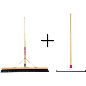 Synx Tools Paardenhaar 100cm + Vloertrekker Kunststof 55cm met Steel 150cm – Zaalveger – Vloerreiniger – Natuurrubber – Zachte binnenbezem met steel 150cm