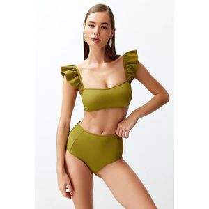 Trendyol Olie Groene Bralette Ruffle Textuur Hoge Taille Hipster Bikini Set Tbess22Bt0049