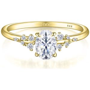 Ovaline - 18k Geelgouden Ovaal Moissanite Ring met Minimalistische Zijstenen - 0.9 karaat