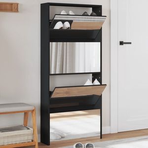 vidaXL Schoenenkast met spiegel - 4-laags - Zwart Schoenenkast - Schoenenkasten - Berging Voor Schoenen - Schoenenrek