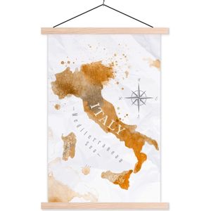 Posterhanger incl. Poster - Schoolplaat - Wereldkaart - Goud - Waterverf - 60x90 cm - Blanke latten