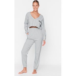 Trendyol Standaard mouw Ronde hals Grijze geborduurde corduroy gebreide pyjama set THMAW22PT0511