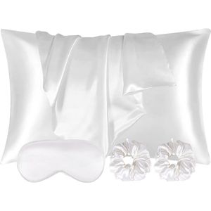 Satijnen kussenslopen set - 40 x 80 cm - inclusief oogmasker en haarelastiekjes - wit