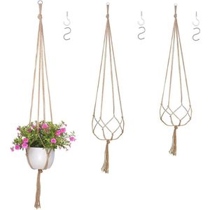 Set van 3 Macramé Plantenhangders voor Binnen en Buiten - Jute Touw met Haak voor Bloempotten