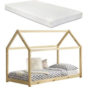 Kinderbed houten bed huisbed 200x90 met matras - houtlook