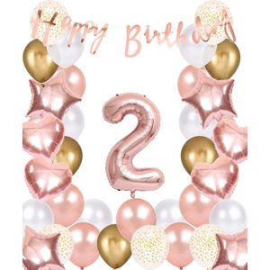 Snoes Ballonnen 2 Jaar Rose Gold White Dots - Compleet Feestpakket met cijfer ballon 2 Jaar - Verjaardag Versiering Slinger Happy Birthday – Folieballon – Latex Ballonnen - Helium Ballonnen - Rose Feestpakket