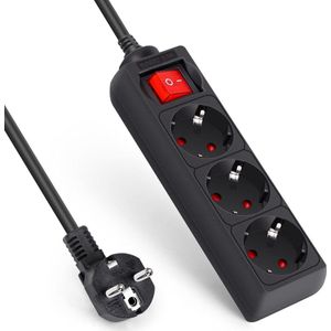 3-Voudig stekkerdoos met schakelaar en contactbescherming - 3 meter kabel - zwart surge protector