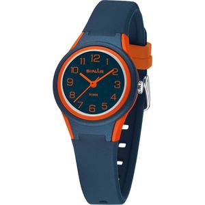 Sinar - Horloge Kind - Kinderhorloge Jongen - Waterdicht 10 bar - Analoog - Tiener - Stevig Silliconen bandje - Verstelbaar (12 - 17,5 cm) - Quartz uurwerk - Edelstalen Sluiting - Donkerblauw / Oranje - Ø 29 mm - XB-47-12