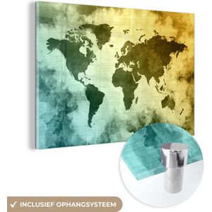 MuchoWow® Glasschilderij 120x80 cm - Schilderij glas - Wereldkaart - Groen - Blauw - Foto op acrylglas - Schilderijen