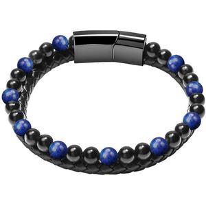 Fako Bijoux® - Leren Natuurstenen Armband Heren - Zwart Leer - Zwarte & Lapis Lazuli Natuursteen - 6mm - 21cm - Zwart/Lapis Lazuli