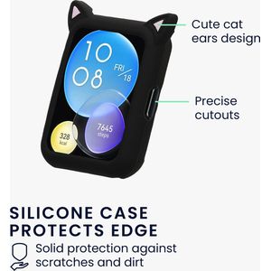 kwmobile smartwatch case geschikt voor Huawei Watch Fit 2 hoesje - Siliconen sporthorloge beschermer - Met kattenoortjes in zwart / poederroze