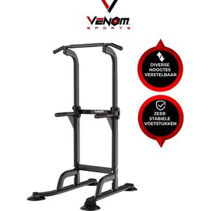 Venom Sports Krachtstation - Multifunctioneel trainingsrek - Power tower met Pull up bar – Fitness apparaat krachttraining – Anti-slip handvaten – Super stabiel – In hoogte verstelbaar – B75xL82xH165-210 cm – Zwart