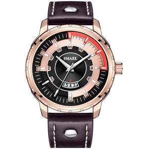 Eyecatcher! Casual Heren Horloge Rosé kleurige kast met leder band | SMAEL 9117A44 | Waterdicht |Analoog | Mud | Shock | Leger | Bruin Leren Band | Timer | Master