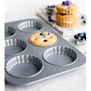 Goodivery ® 6 mini quiche vormen / 6 mini-taartjes als bakplaat met losse bodem voor lekkere mini-quiches & tartes, zilveren top