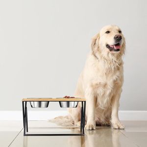 Verhoogde hondenbak met 2 RVS voerbakken 750 ml - mangohout & ijzer natuur/zwart elevated dog bowls