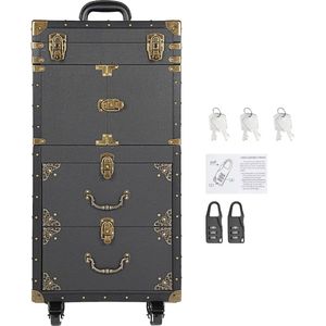 Cosmeticakoffer voor Kappers en Make-up, 3 Etages, Aluminium Trolley met 360° Draaibare Wielen