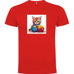 Rood T-Shirt met “ Kleurrijke Kitten met bol wol“ Print Full Color maat 116 / 5/6 jaar