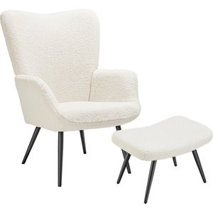 tectake® Vleugelfauteuil met hocker in Scandinavische Stijl | Teddystoel Hygge | Bouclé Stoel voor Woonkamer, Slaapkamer | Statement Loungefauteuil | Draagvermogen tot 150 kg - creme zwart