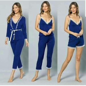 Dames Katoen Pyjama | 4-delige set | Katoen nachtkleding | Katoen nachthemd | Elegant Katoen Ochtendjas | Cadeau voor dames | Kleur: blauw | maat : L