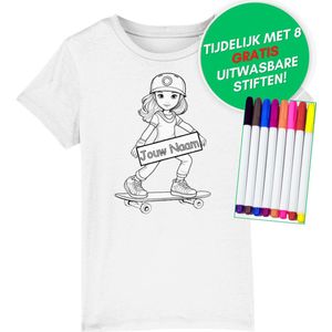 Inkleurbaar t-shirt kinderen – skater meisje - kinderspeelgoed – 3 tot 8 jaar - eigen naam – gepersonaliseerd – kleuren – viltstiften voor kinderen – t-shirt