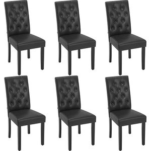 Set van 6, keukenstoelen met hoge rugleuning, gestoffeerde stoel, woonkamerstoel, gestoffeerde stoel, kunstleren bekleding, houten poten, voor eetkamer en keuken, zwart