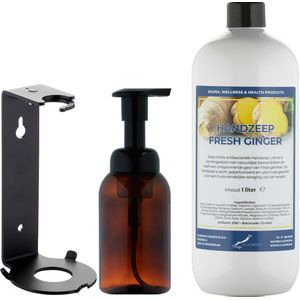 Zeepdispenser 300 ml amber bruin hervulbaar + 1 liter Handzeep Fresh Ginger navulling (inclusief beugel)