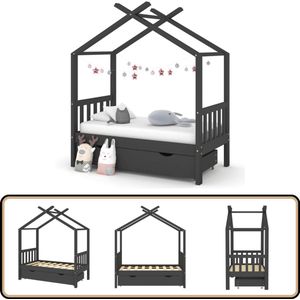 vidaXL Kinderbedframe met lade - Donkergrijs 70x140 cm Kinderbed - Boomhut Bed - Grenenhouten Bed - Grijs Bed - Kids Bed