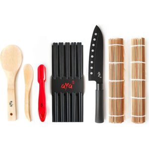 Sushi Set - Originele bamboe kit met sushi koksmes - online video tutorials - 2 rolmatten - lepel & spatel - 5 paar eetstokjes - 100% natuurlijke premium bamboematten