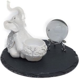 Cadeaubox special - Olifant theelichthouder met Olifant glazen 3D bol - rond leisteen plateau