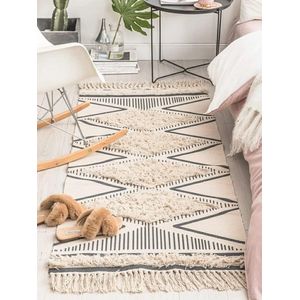 Katoenen tapijt, getuft katoenen tapijt, wasbaar met kwastjes, geweven geometrische shag-overtrek, boho-tapijt voor bijkeuken / slaapkamer (beige, 60 x 130 cm)