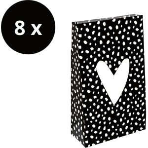 8 x Papieren Cadeauzakjes Blokbodem | Traktatie Uitdeelzakjes | Stippen Hart Zwart Wit | Leuke Verpakking Cadeau | 9 x 5 x 16 cm