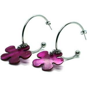 Dames oorbel RVS fuchsia parelmoer