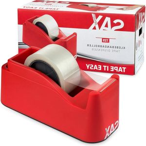 Tape it Easy XXL dispensers met eenhands bediening - extra zwaar, voor 1 x 50 mm band of 2 x 25 mm band - pakketbanddispenser met penhouder functie - antislip en dubbelzijdig lemmet - rood
