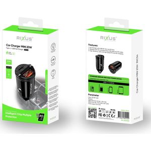 Rixus - Autolader USB A & USB C - Auto oplader USB - USB C autolader 2 poorten - Auto lader - Sigarettenaansteker USB oplader auto - Snellader - Zwart