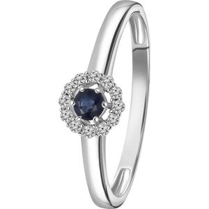 Lucardi Dames Ring saffier en 12 diamanten 0.08ct - Ring - Cadeau - Moederdag - 14 Karaat Goud - Witgoud
