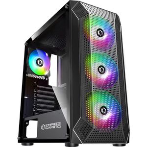 Gamer PC Behuizing - ARGB Medium Tower ATX, mATX, ITX - Mesh Frontplaat - Acrylglas Zijwand - 4x Ventilatoren met RGB - MB Sync