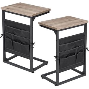 Bijzettafel, C-vormige banktafel, set van 2, kleine houten salontafel, banktafel, woonkamertafel met verstelbare poten, metalen frame, grijs