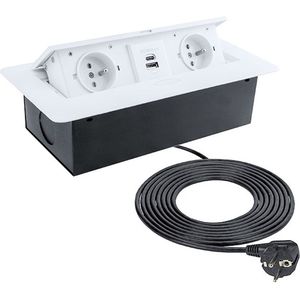 Pop-up Stekkerdoos met USB – Inbouw Stekkerblok – 2 Stopcontacten, USB-A & USB-C – RVS Afwerking – 1.5m Kabel – Wit